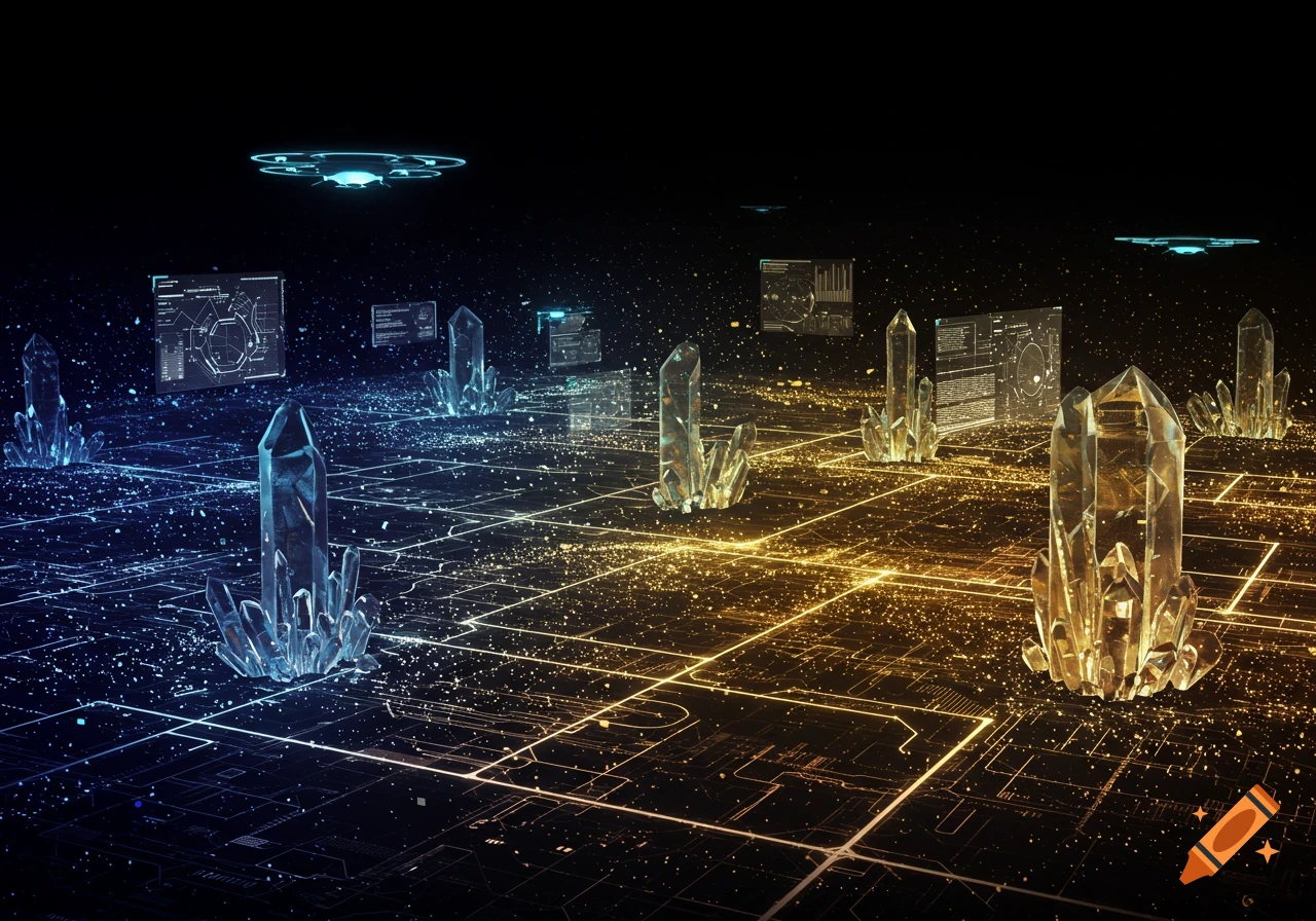 A futuristic digital landscape with glowing blue and gold data grids, translucent crystals, holographic screens displaying data, and drones.