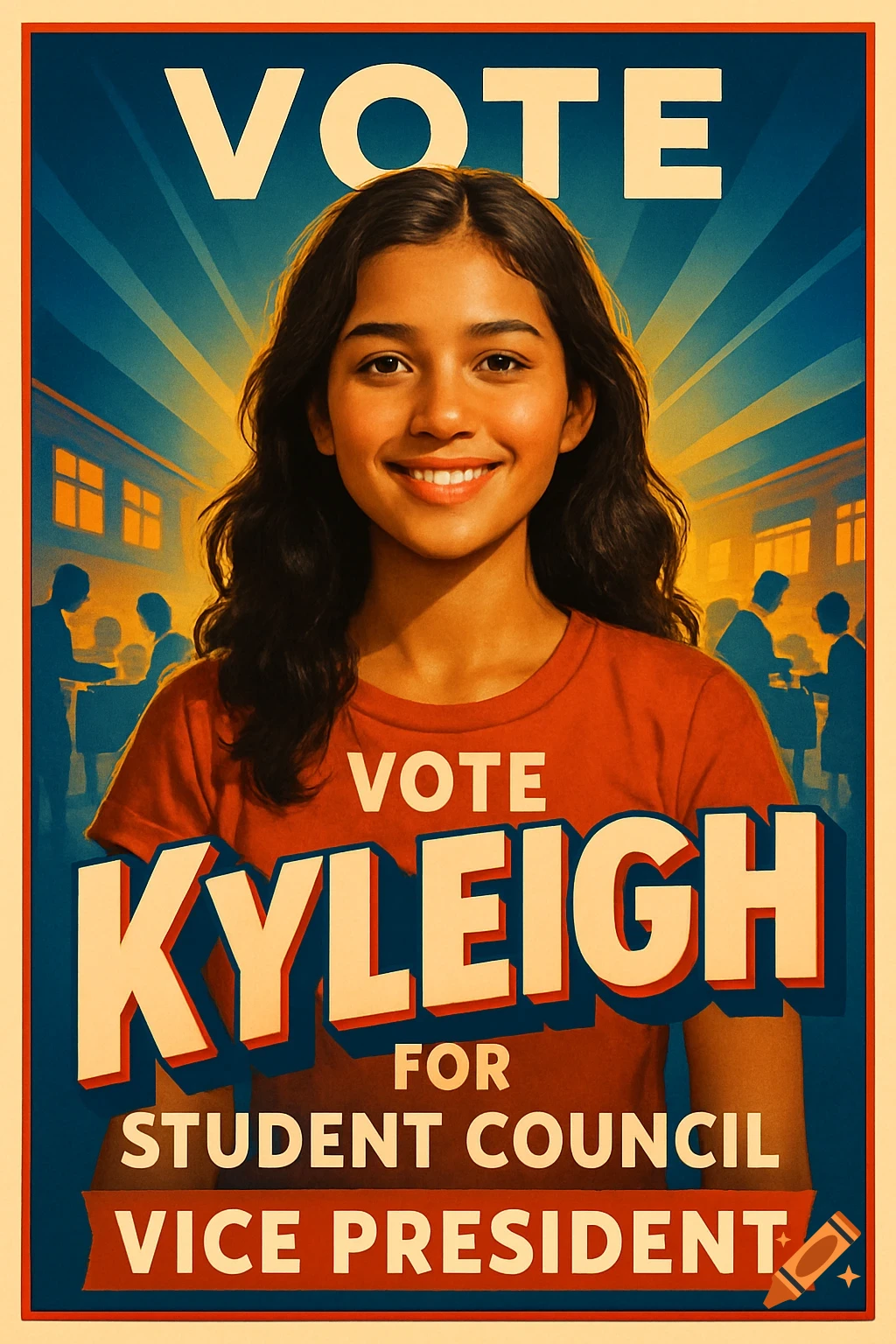 A smiling girl on a vintage-style election poster, text reads 'Vote Kyleigh for Student Council Vice President'.