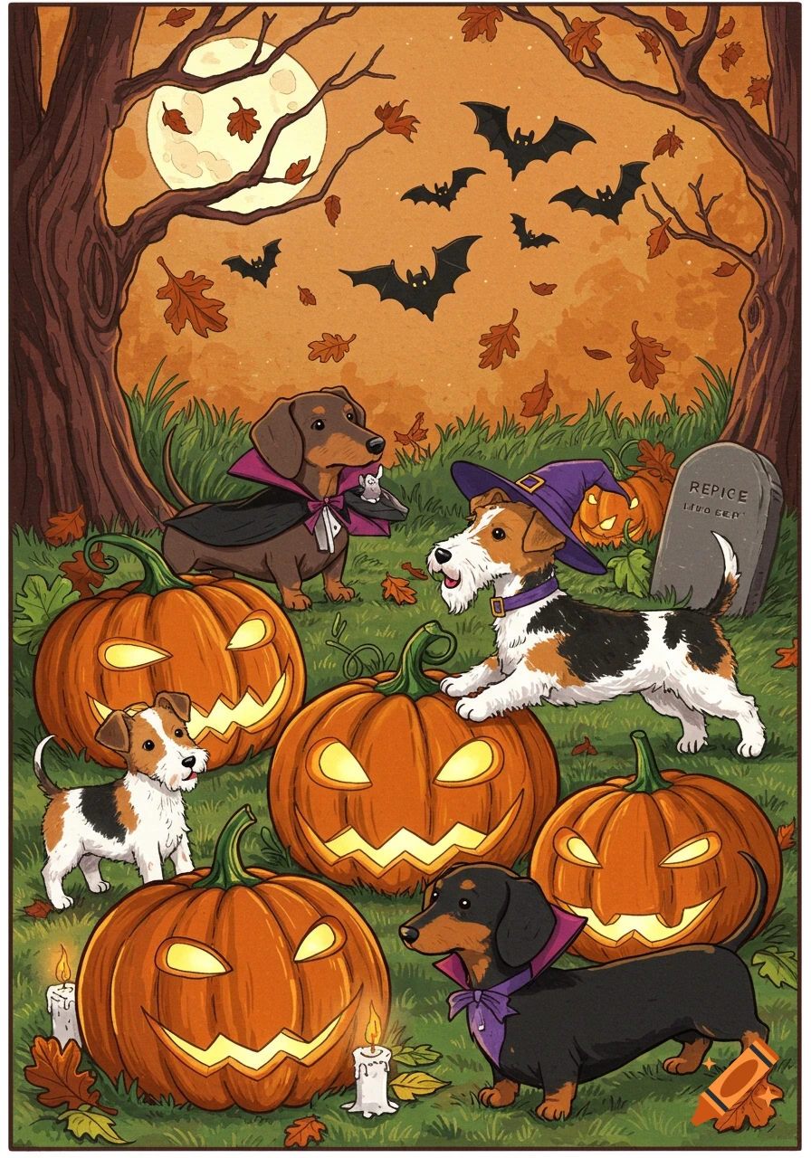 Comic illustration of dachshunds and fox terriers in Halloween costumes, surrounded by jack-o'-lanterns, bats, and fall leaves.