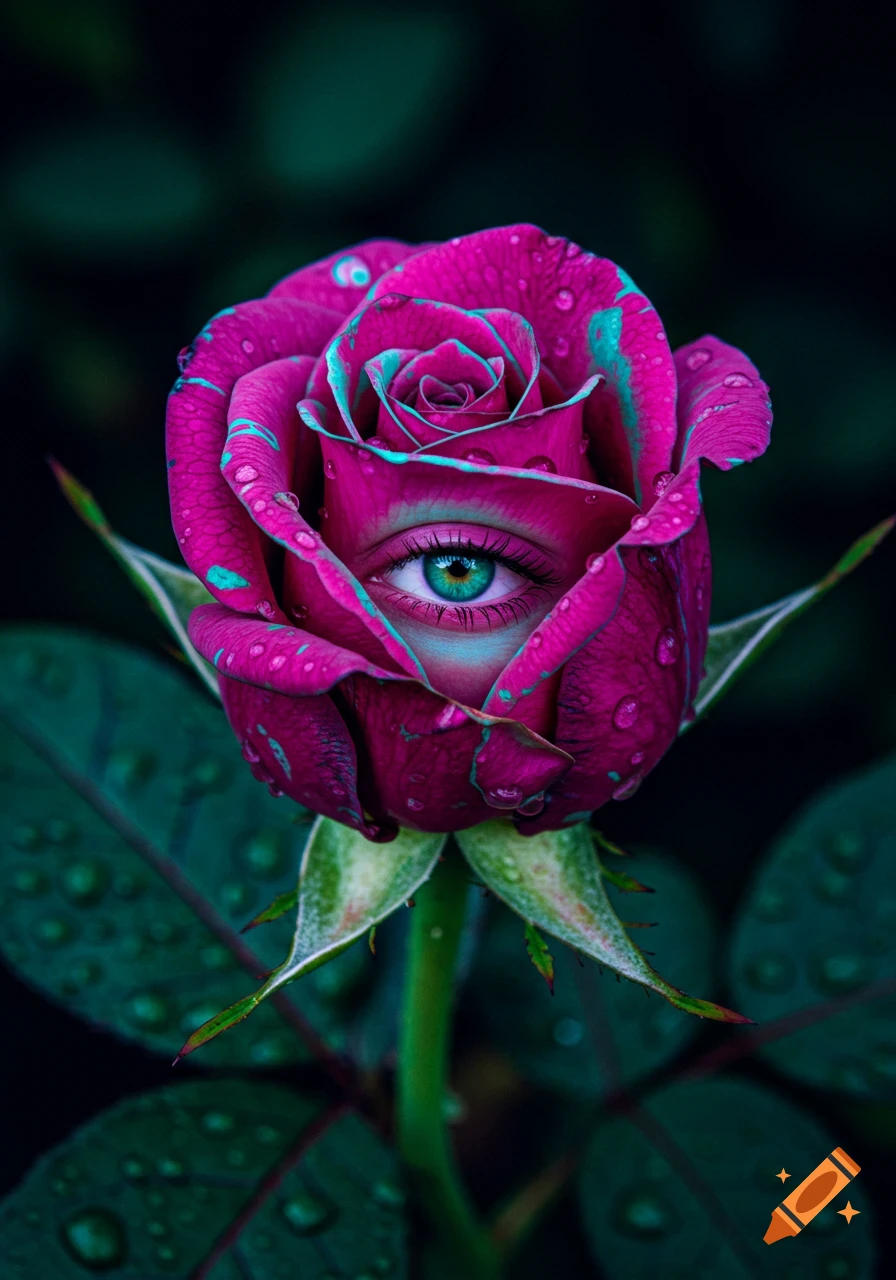 A vibrant pink and teal rose, not fully bloomed, with a single realistic human eye peeking from its center, covered in dew drops, against a dark background. The image has clear outlines.