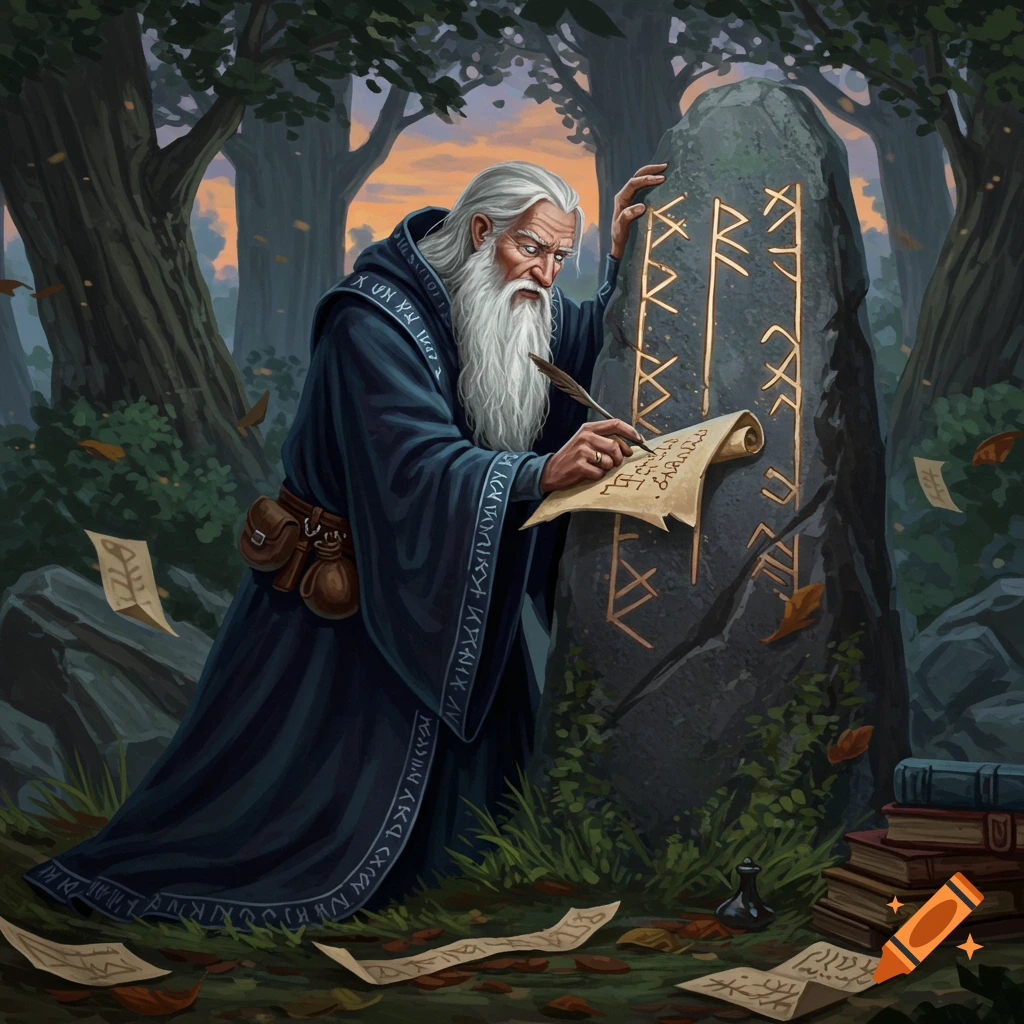 An old wizard with a long white beard and a dark robe writes on a scroll with a quill, next to a runestone in a forest.