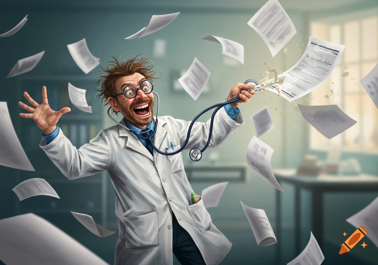 A wide-eyed, scruffy cartoon doctor in a lab coat laughs maniacally as his stethoscope sprays papers into the room.