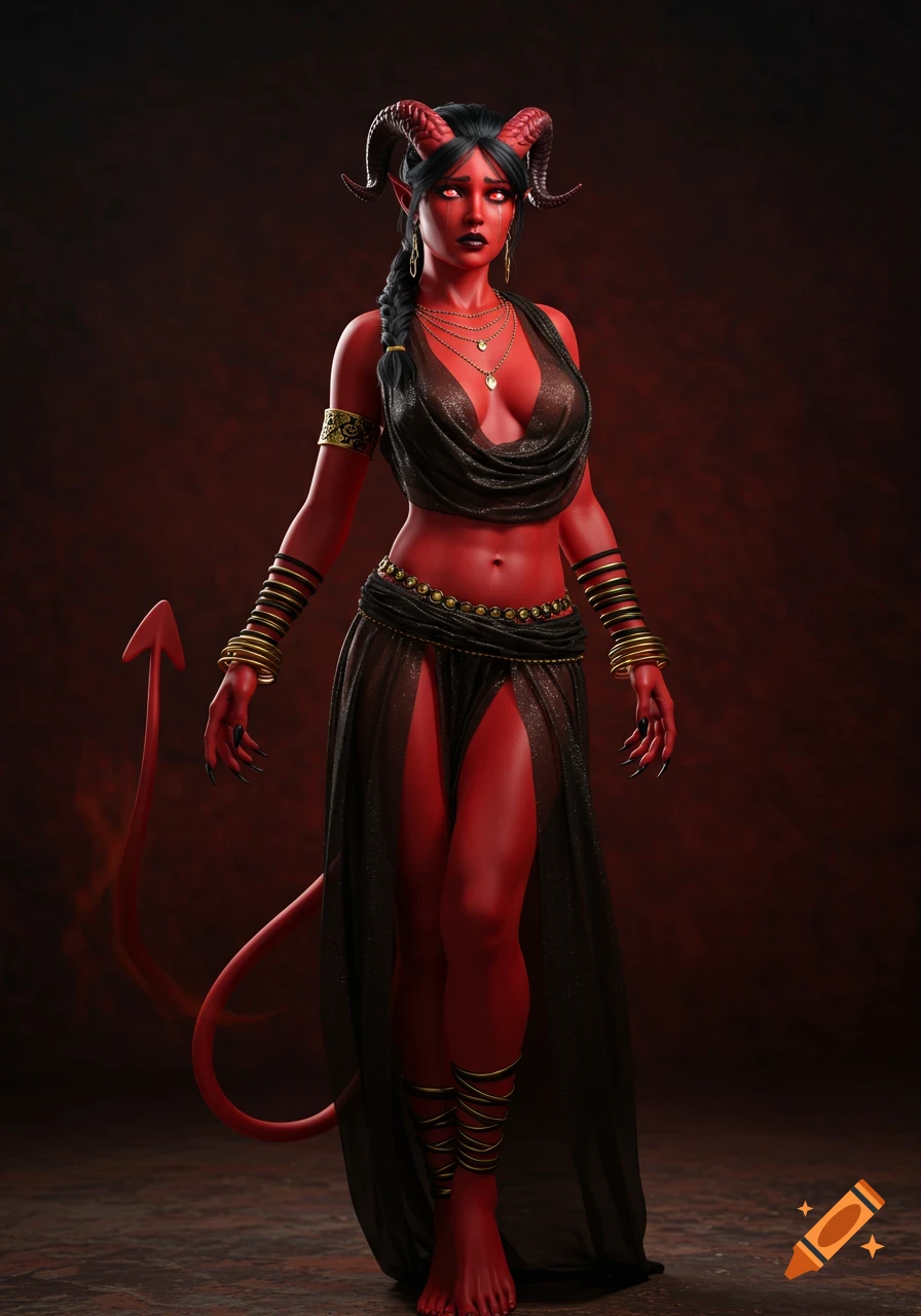 Photorealistic red-skinned female D&D tiefling with horns, a tail, and glowing red eyes, dressed in sheer black and gold, with a sad expression.