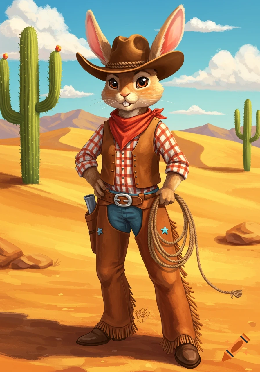 A cartoon anthropomorphic rabbit dressed as a cowgirl, holding a lasso in a sunny desert scene with cactuses.