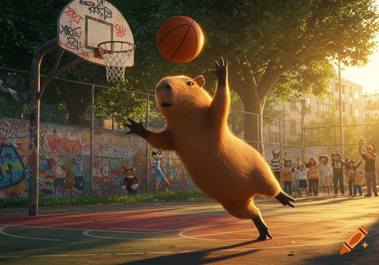 A cartoon capybara jumps for a basketball on an outdoor court with graffiti and other animals and children watching.