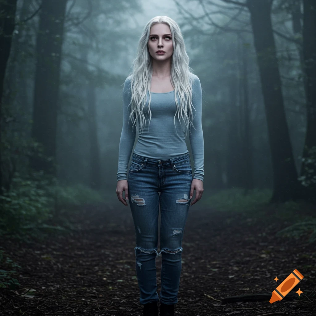 A pale woman with long ash blonde hair and golden eyes stands in a misty dark forest, wearing a light blue shirt and distressed jeans, in a mysterious, twilight-like style.