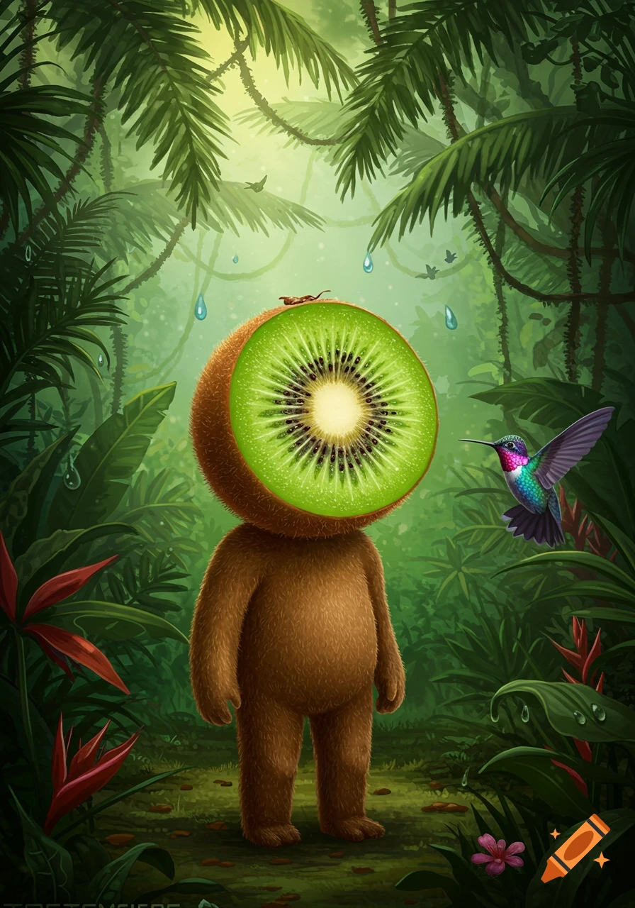 A fuzzy brown creature with a kiwi slice for a head stands in a lush, green jungle with a hummingbird nearby, in a digital art style.
