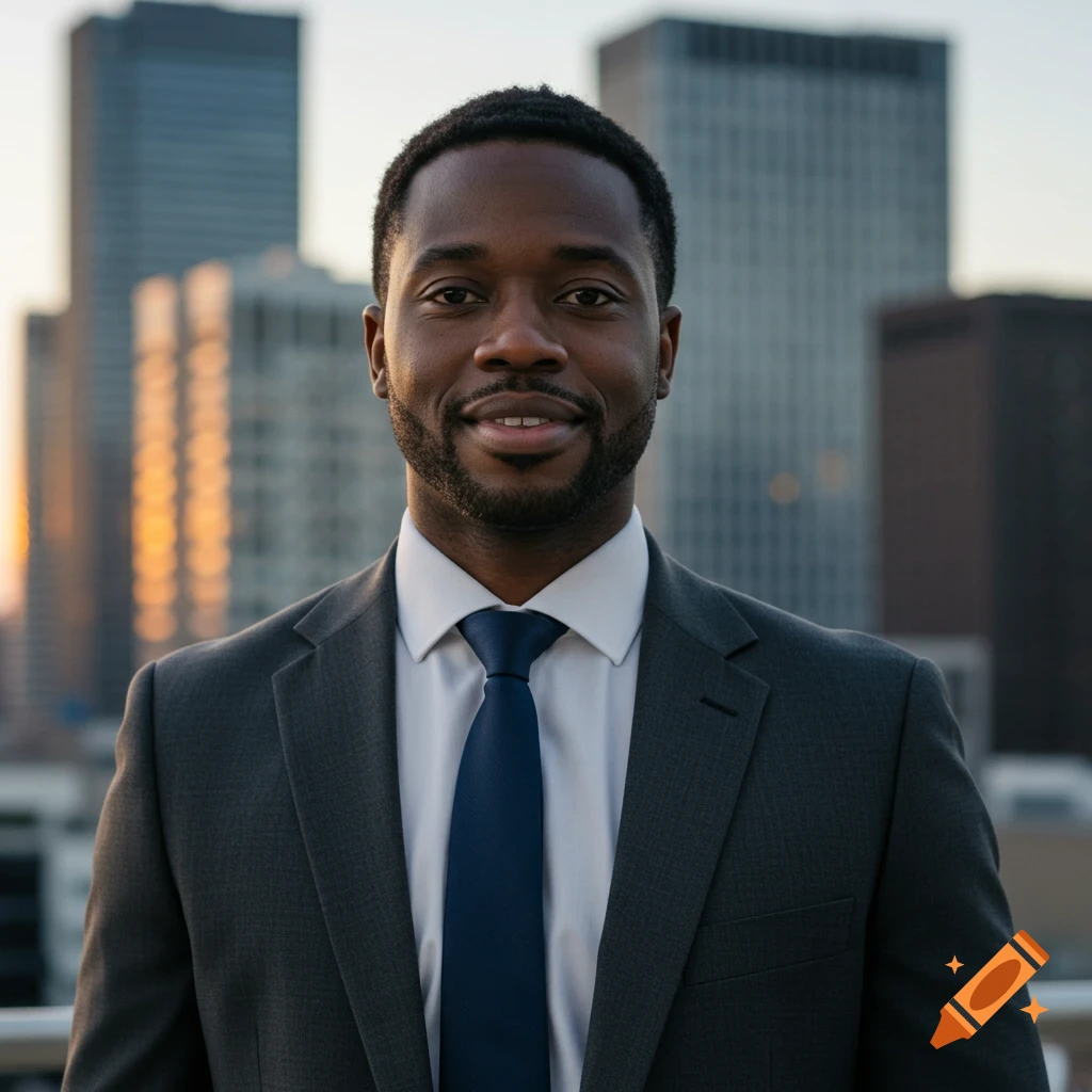 A smiling Black man in a dark grey suit and blue tie stands against a blurred city skyline at sunset.