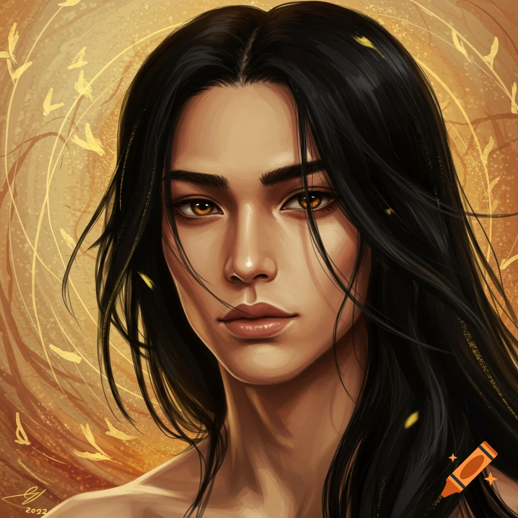 Digital portrait of a person with long black hair, brown eyes, and fair skin, against a golden, wispy background.