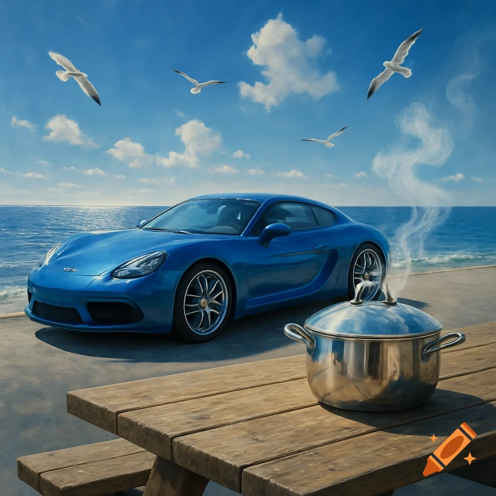 A blue sports car parked by the sea, with a steaming pot on a wooden picnic table and seagulls flying overhead.