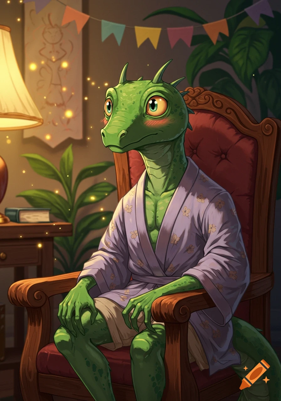 Cute green lizard-man with rosy cheeks, wearing a purple floral bathrobe, sits nervously in a red armchair.