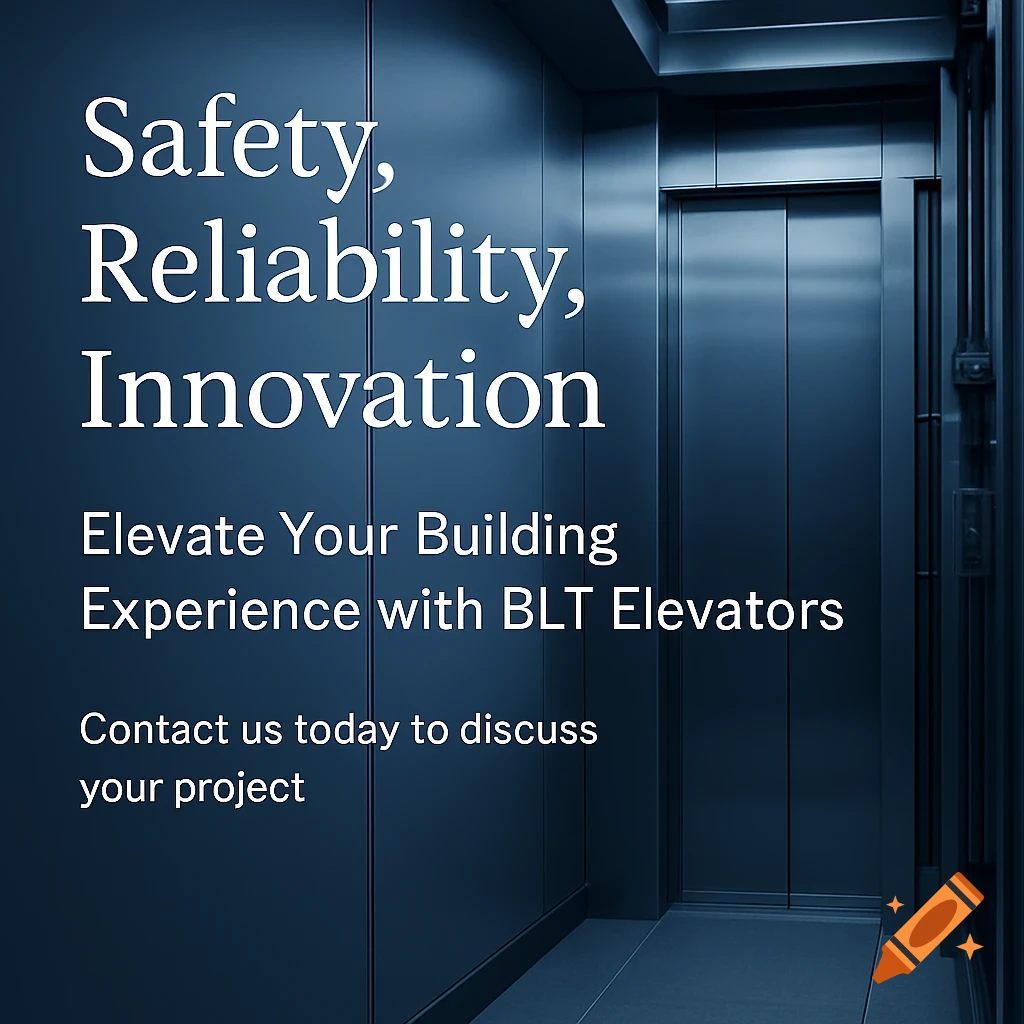 Photorealistic image of a modern elevator interior with white text on a dark blue wall promoting 'BLT Elevators'.