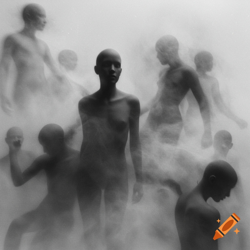 Black and white image of blurry, genderless figures in an ethereal mist.