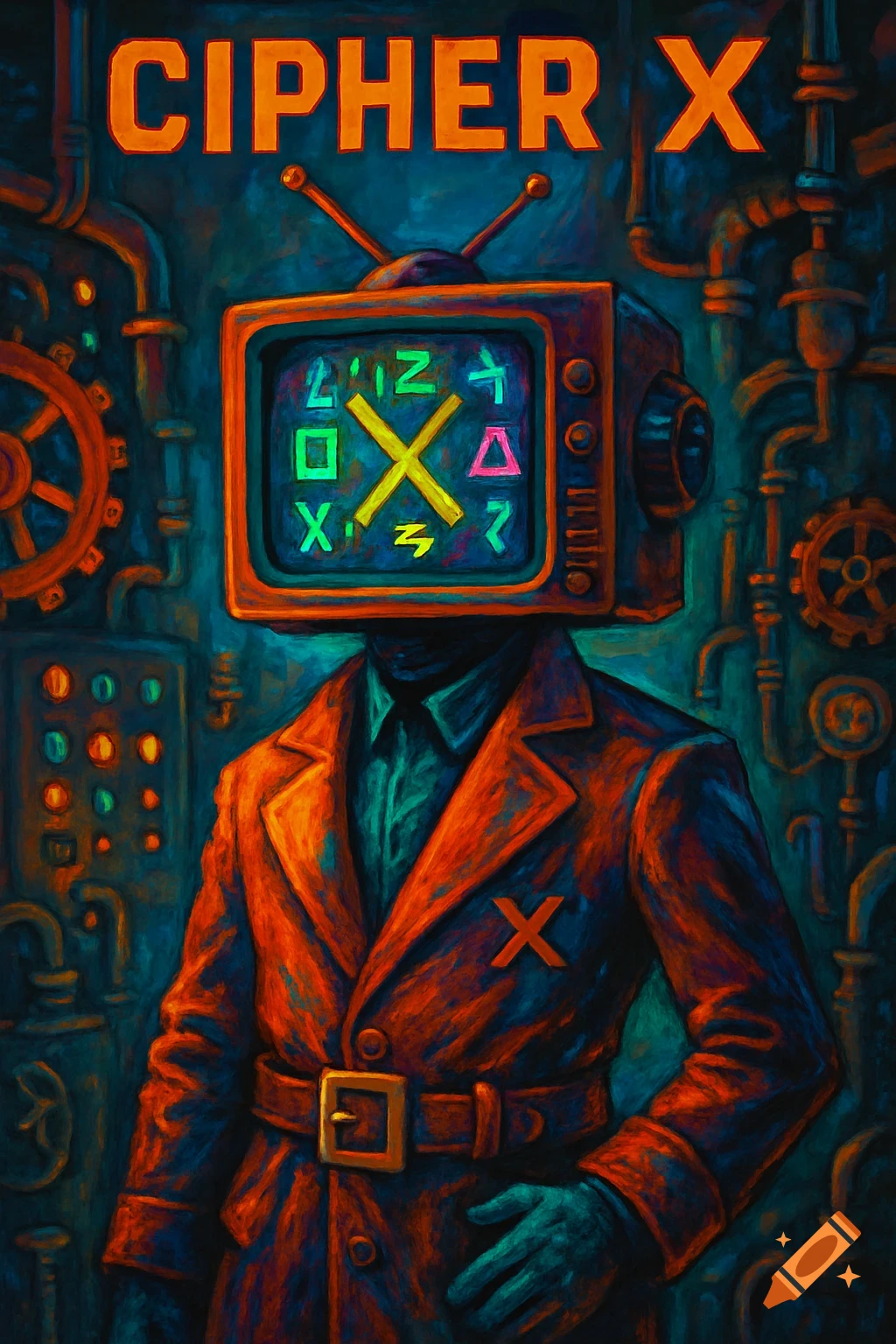 An oil painting of a TV-headed man in an orange overcoat and teal shirt, standing in a dark, pipe-filled, mechanical room. The text "CIPHER X" is at the top, and the TV screen shows various symbols.