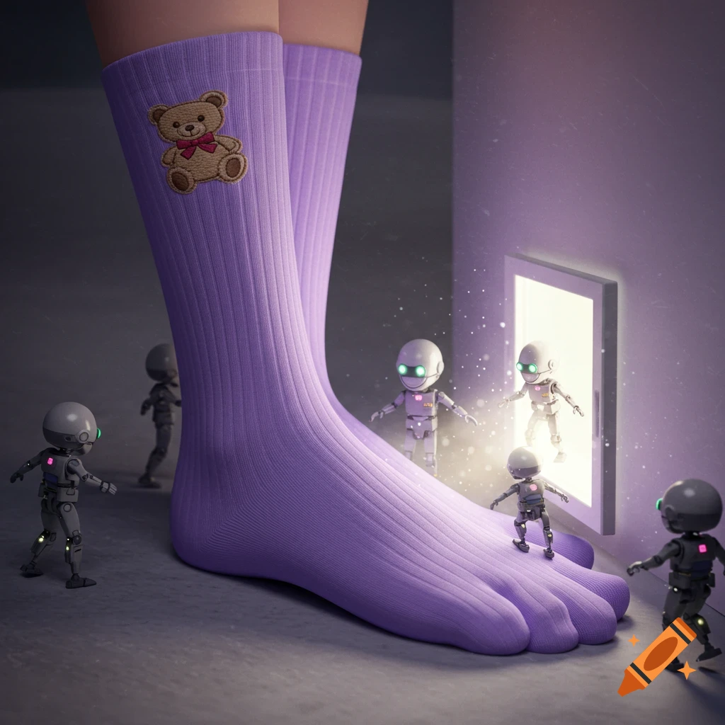 A giant foot in a purple sock with a teddy bear patch stands on a floor, surrounded by small robots emerging from a glowing portal.