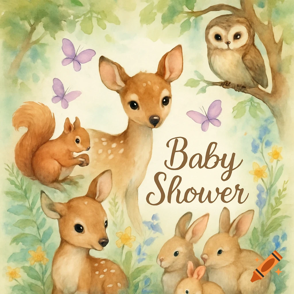 Watercolor illustration of cute woodland animals including fawns, squirrel, owl, and bunnies, with purple butterflies and "Baby Shower" text.