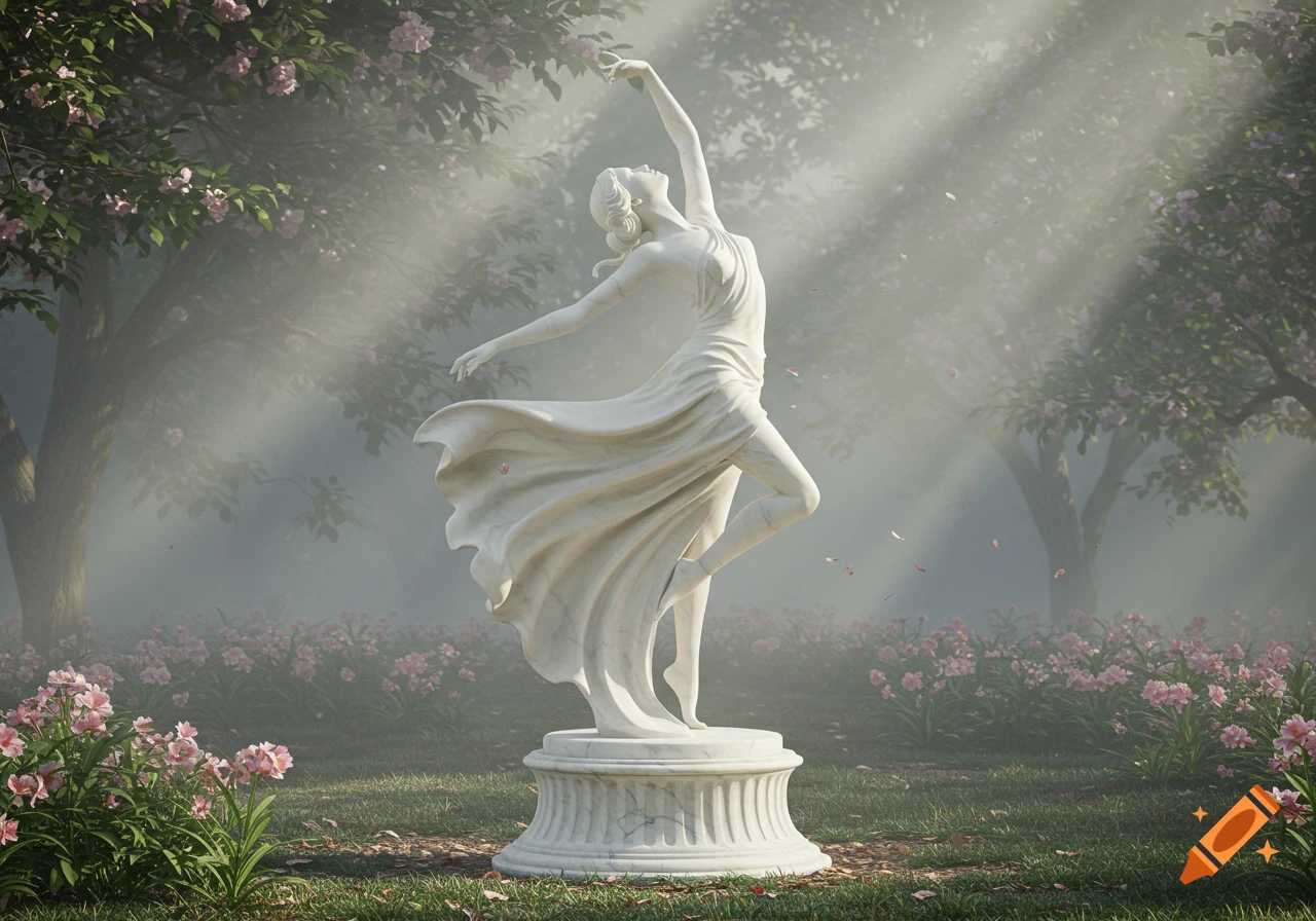 Photorealistic marble statue of a woman dancing gracefully in a misty garden with pink flowers and dappled sunlight.