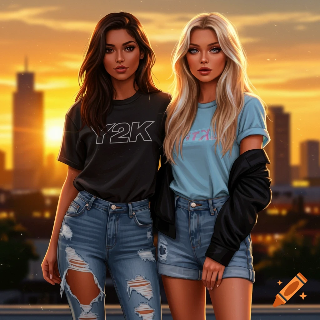 Two women, one with dark hair in a Y2K t-shirt and ripped jeans, another with blonde hair in a blue t-shirt and shorts, against a sunset cityscape.