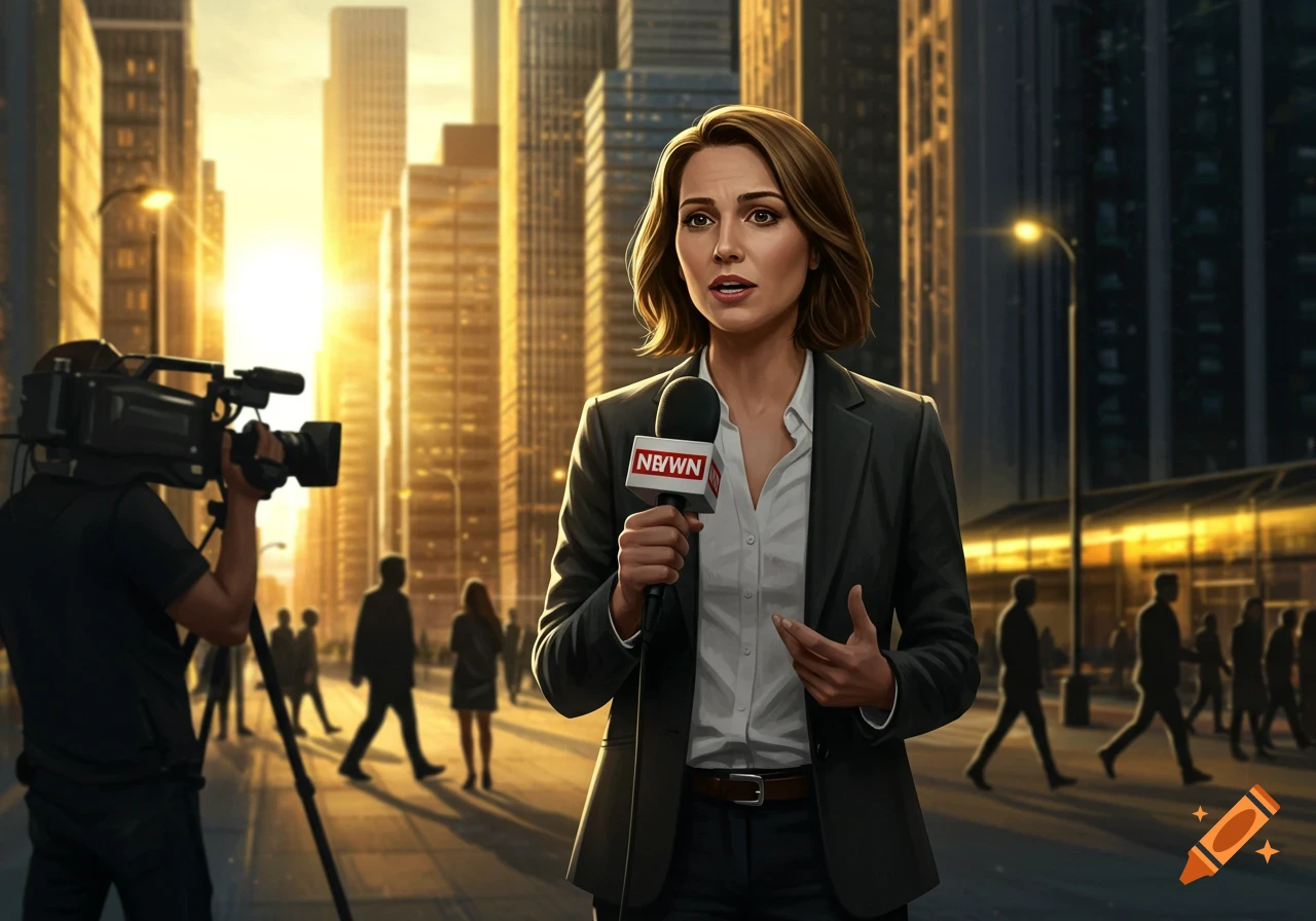 A female news reporter holds a microphone with 'NBWN' logo, standing with a cameraman on a city street at sunset.