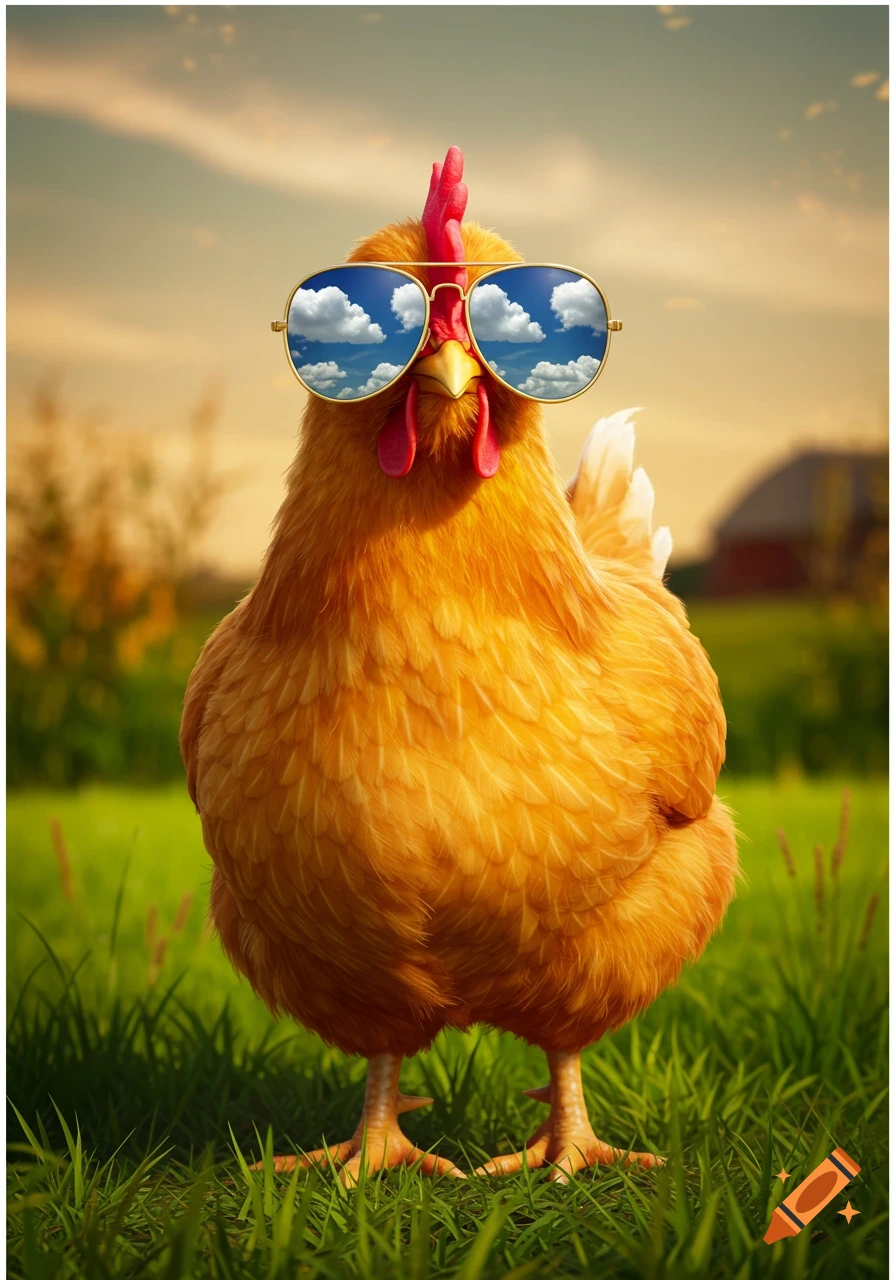 A photorealistic chicken wearing aviator sunglasses stands in green grass at sunset.