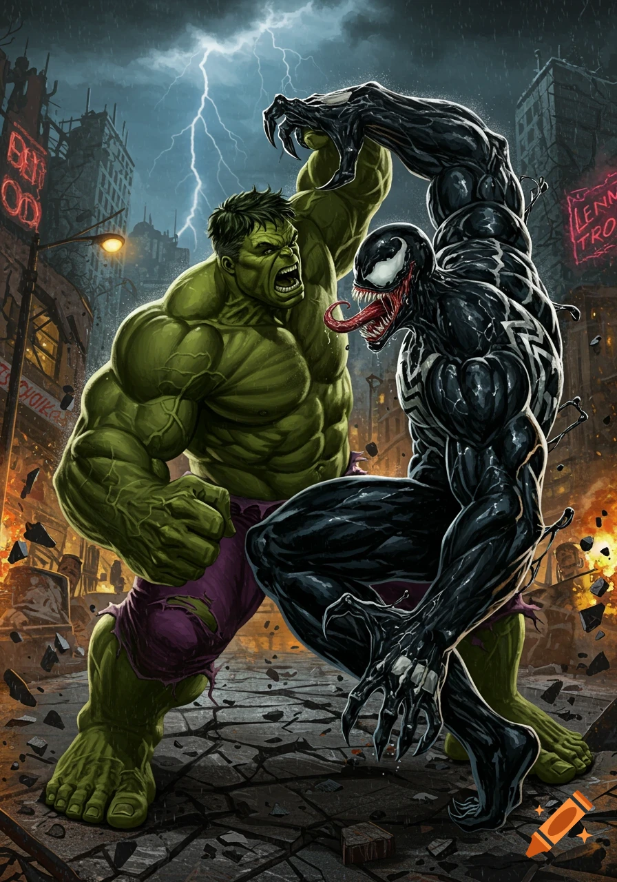 Hulk and Venom in a dynamic, action-packed comic book illustration during a thunderstorm in a city.