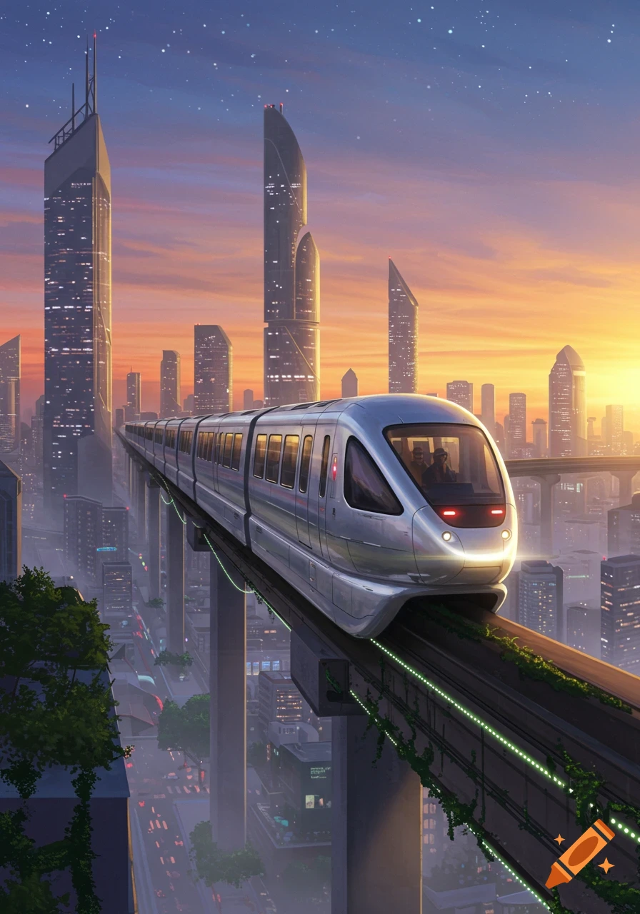 A sleek silver monorail travels on an elevated track through a futuristic city with tall skyscrapers at sunset under a starry sky.
