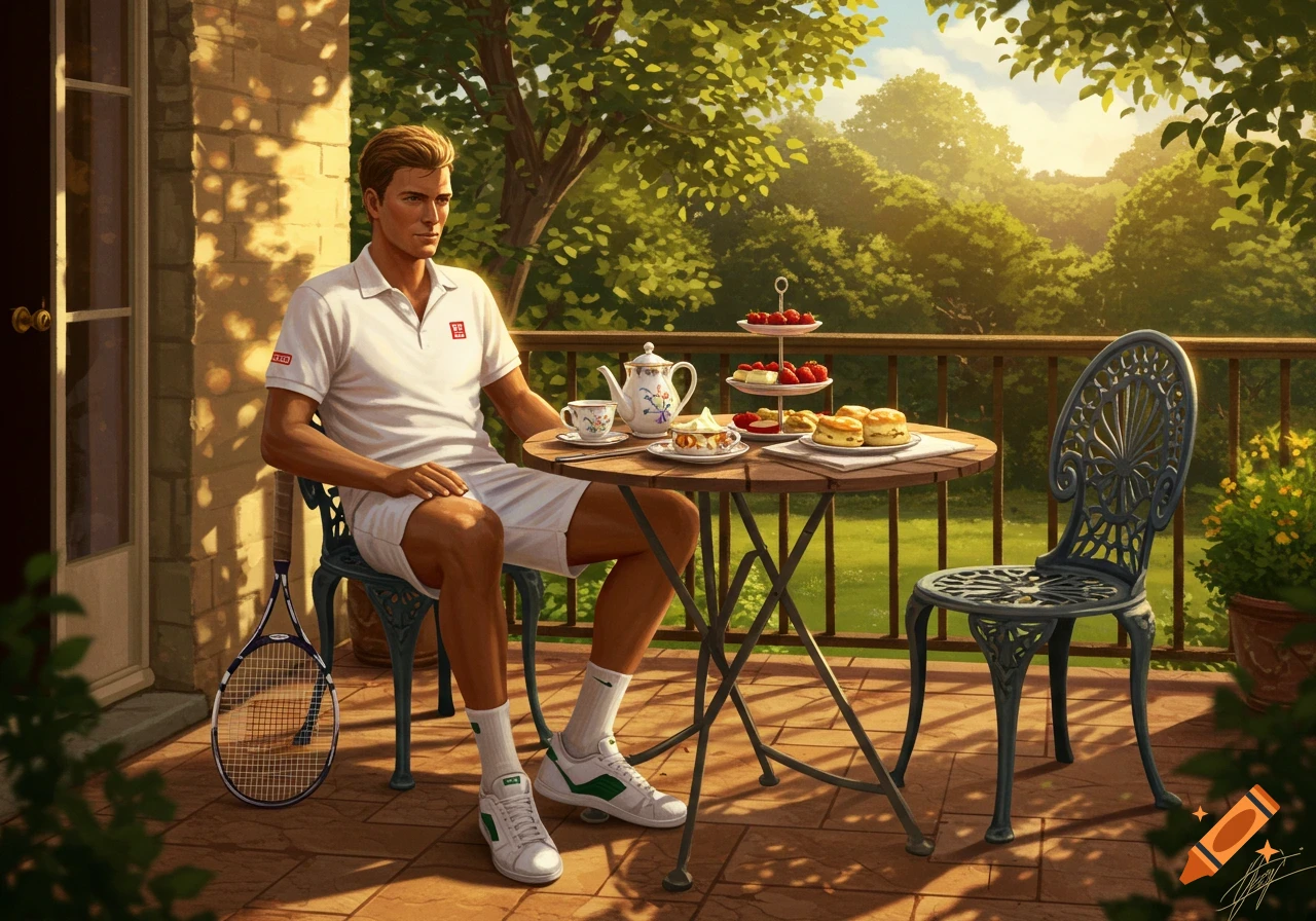 A male tennis player in a white polo and shorts sits on a sunny outdoor patio, enjoying afternoon tea with scones and strawberries.