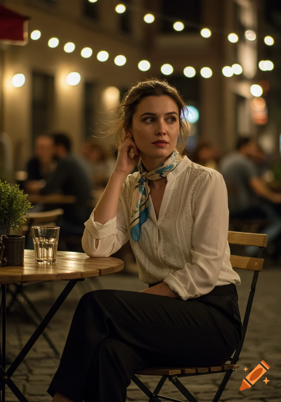 A woman in a white blouse and scarf sits at an outdoor cafe table at night, looking thoughtfully. String lights blur in the background.
