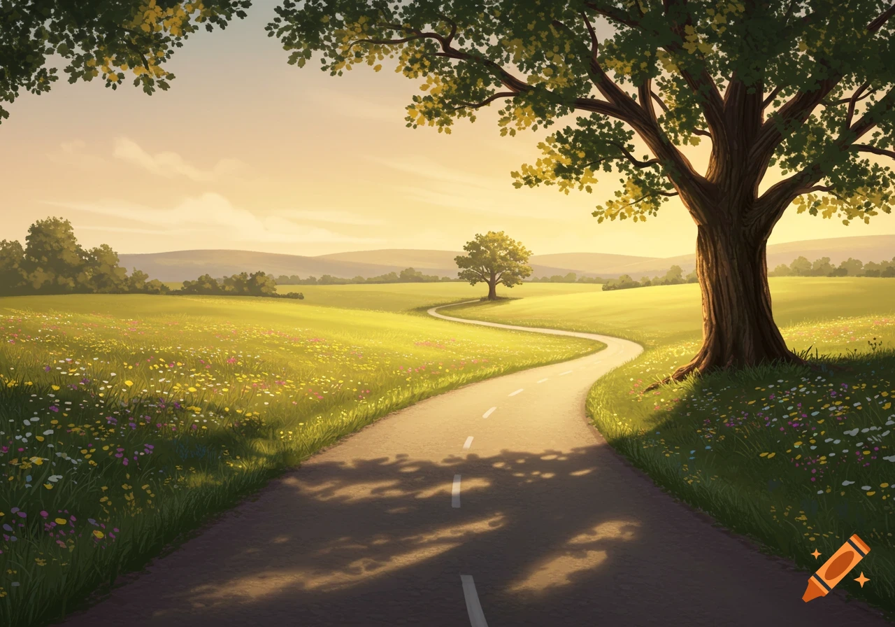 A winding road through a sunlit green field with wildflowers, leading past a large tree in an illustrated style.