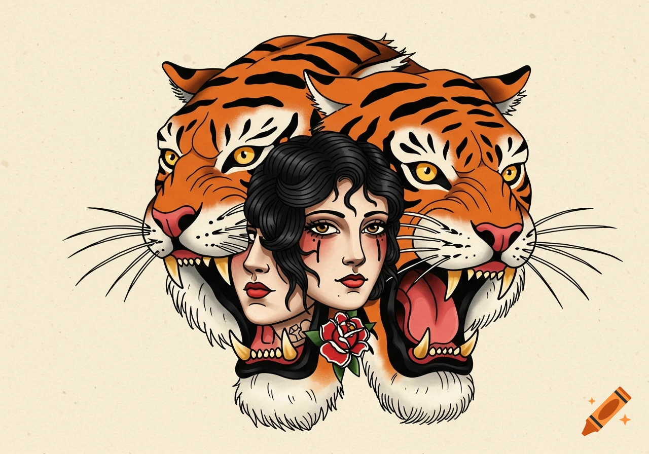 American traditional tattoo art featuring two tiger heads surrounding two women's faces, with one woman holding a red rose.