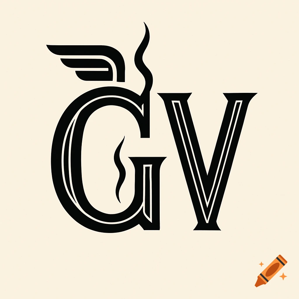 Minimalist black Art Deco logo featuring the letters "GV" with stylized wings and a smoke trail on a cream background.