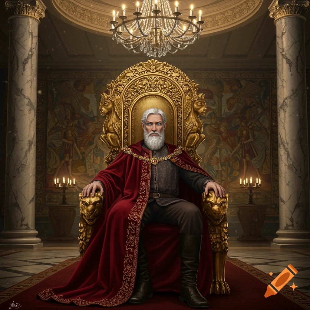 An old king with a white beard and blue eyes sits on a golden throne in a richly decorated hall, wearing a red cape.