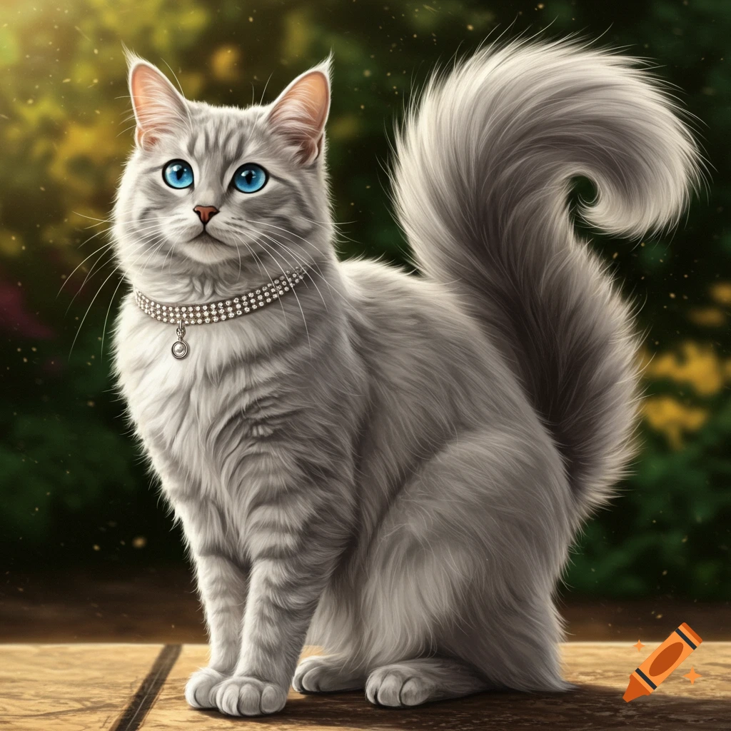 A fluffy light gray cat with bright blue eyes and a rhinestone collar sits on a wooden surface with a blurred green background.
