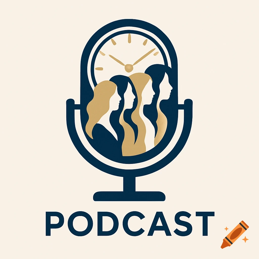 Minimalist vector logo for a podcast, featuring a microphone shape containing a clock and four abstract female silhouettes in navy blue and golden beige.