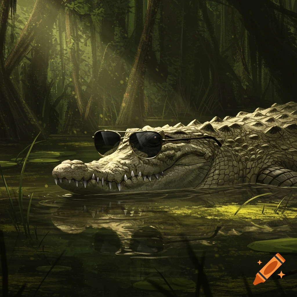An illustration of a cool crocodile in sunglasses peeking out of dark, misty swamp water with trees in the background.