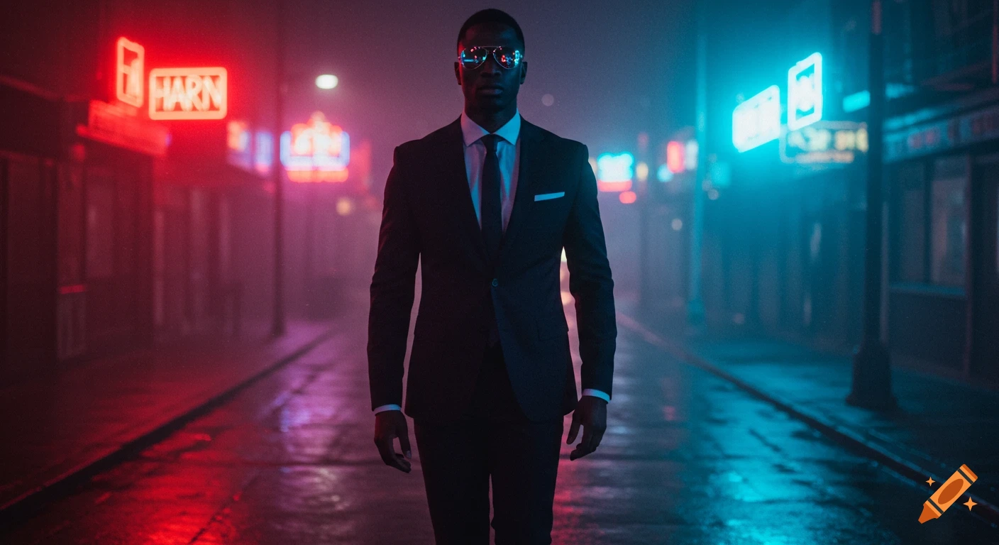A man in a dark suit and sunglasses walks down a misty, wet city street at night with neon signs, in a photorealistic, moody style.