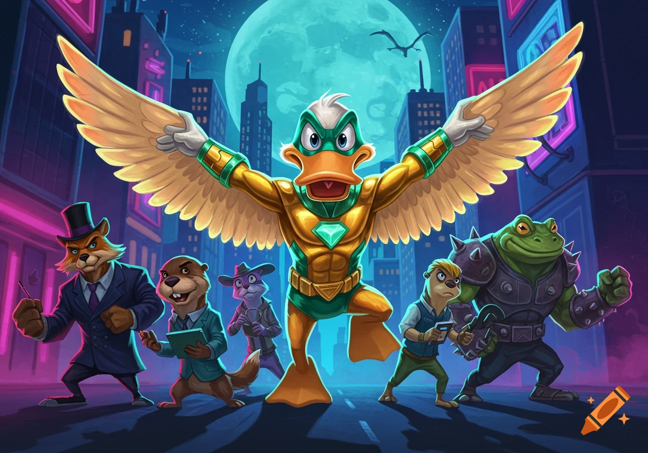 Vibrant cartoon of a superhero duck with wings spread in a stylized city at night, flanked by anthropomorphic animal characters.