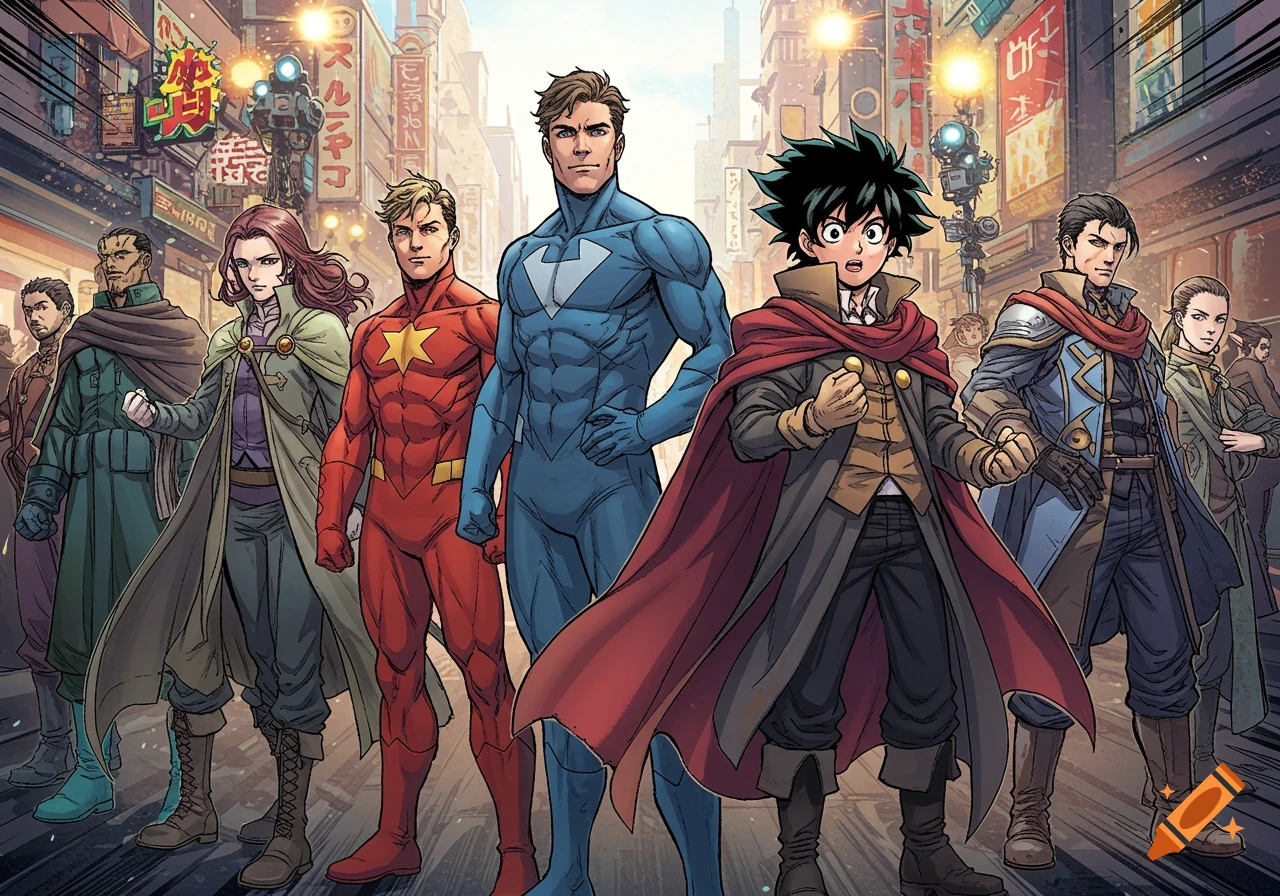 A diverse group of comic and manga characters, including superheroes and fantasy figures, stand on a bustling city street in detailed comic art style.