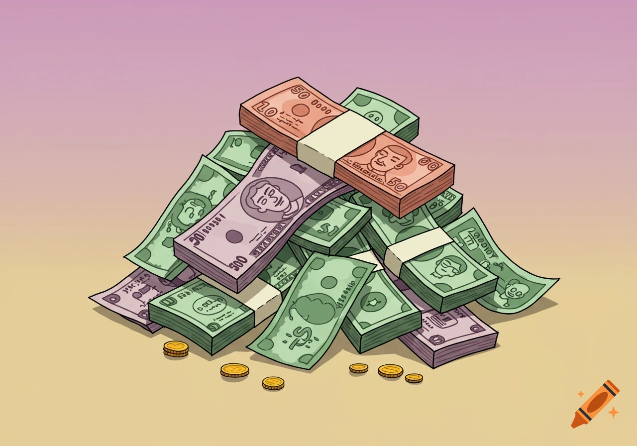 A cartoon illustration of a large pile of banknotes and gold coins on a gradient background.
