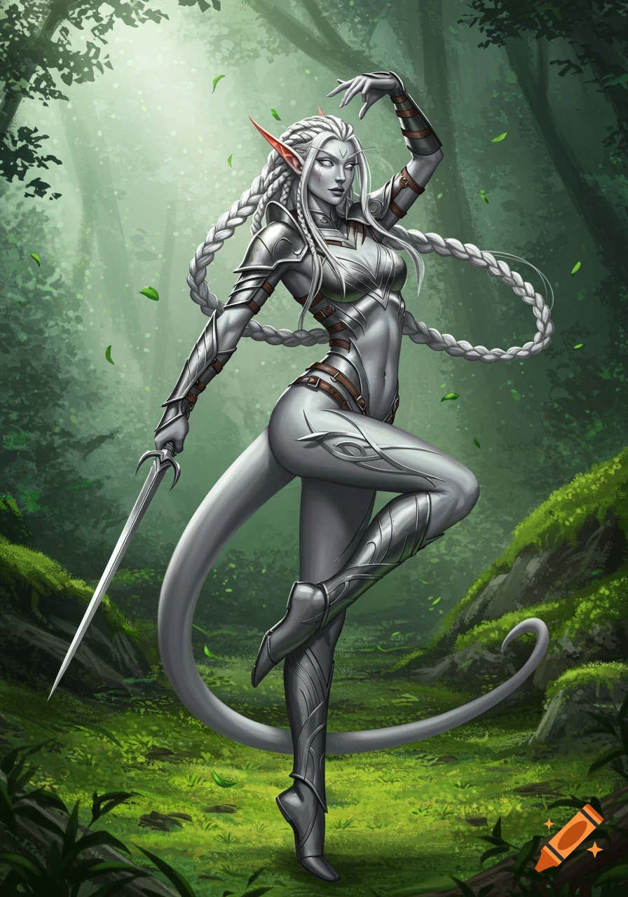 A light gray-skinned female high elf with white braided hair and elven armor dances with a sword in a lush forest.
