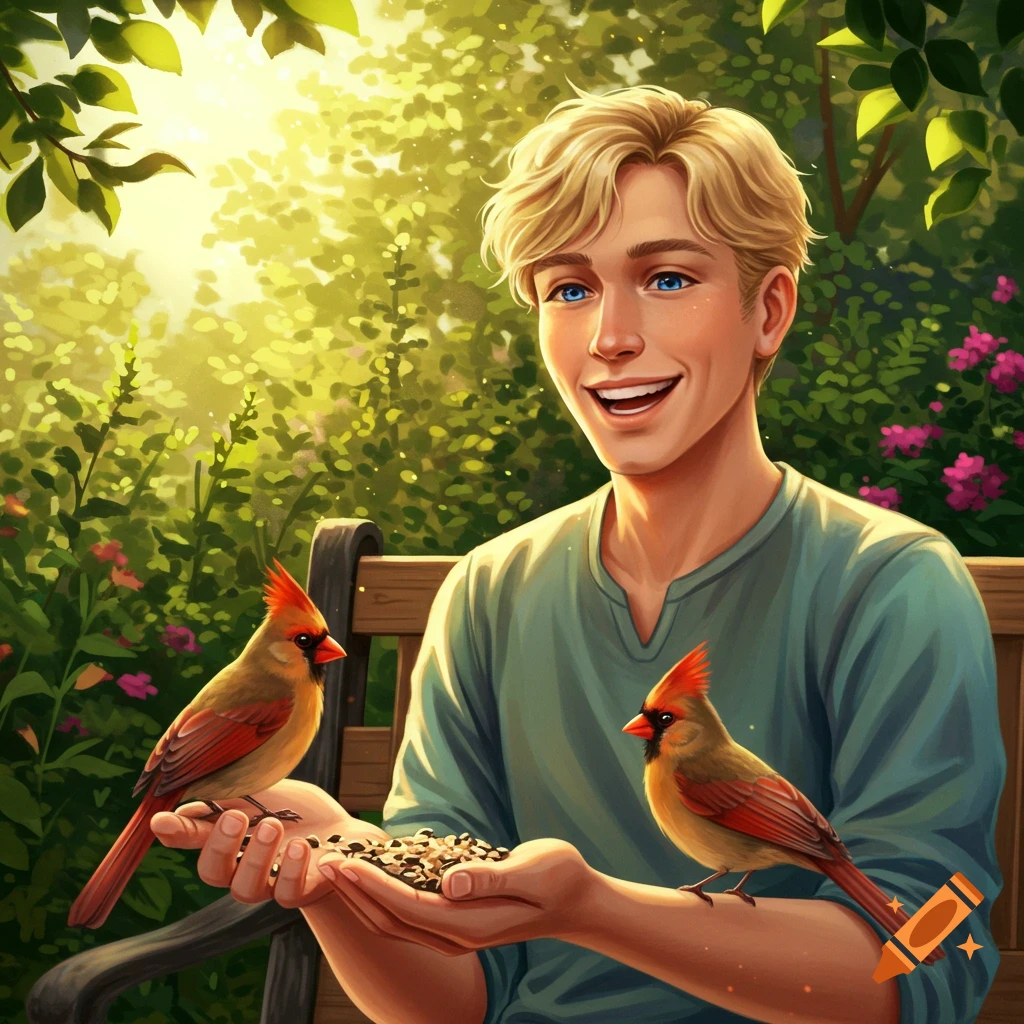 A smiling blond man in a sunny garden sits on a bench, holding bird seeds in his hands as two red cardinals eat from them. Digital illustration.