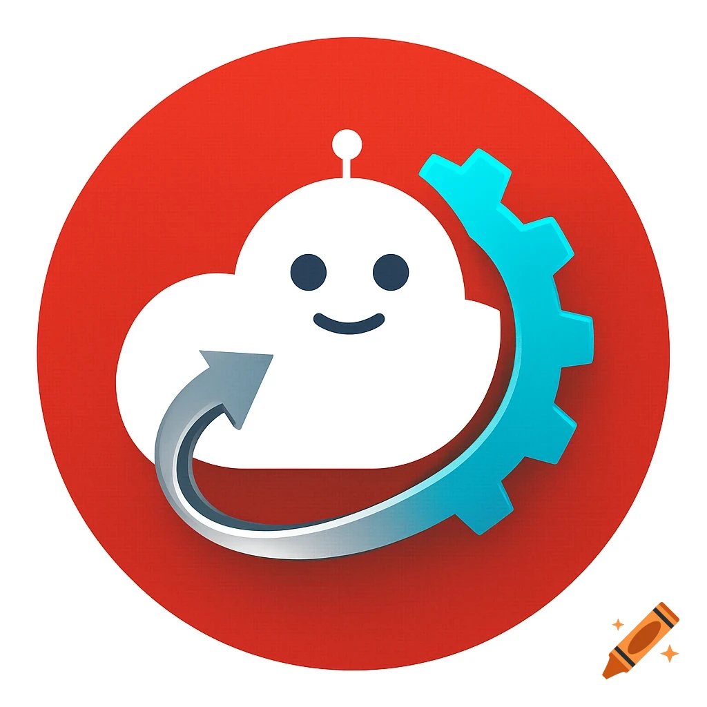 A round red logo featuring a white cloud with a cute robot face, a blue gear, and a looping grey arrow.