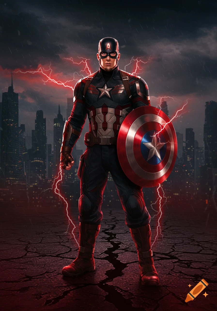 Captain America stands powerfully in his superhero suit, holding his shield, with red lightning and a dark city skyline in the background.