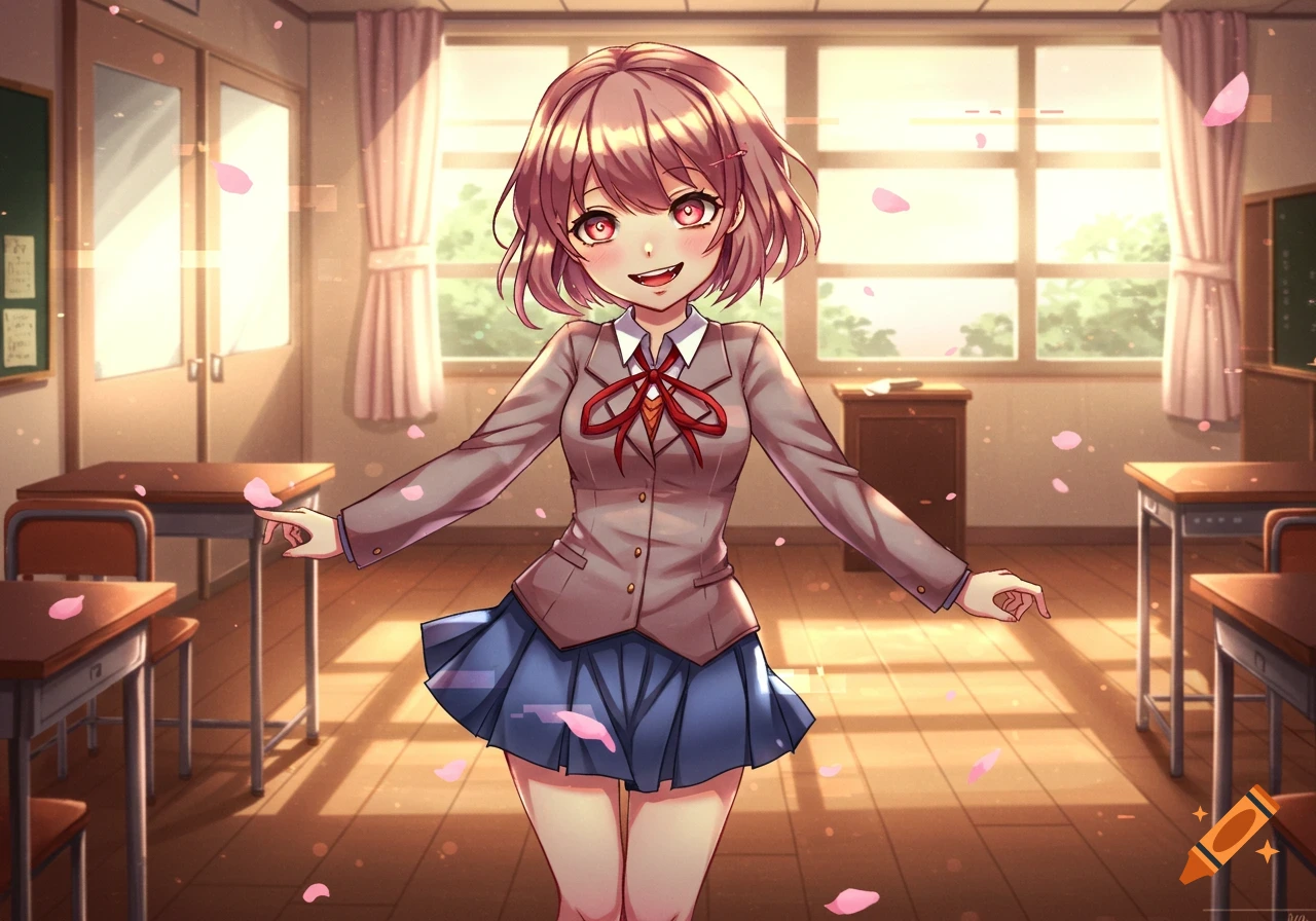 Smiling anime girl in a school uniform stands in a sunlit classroom with falling pink petals.