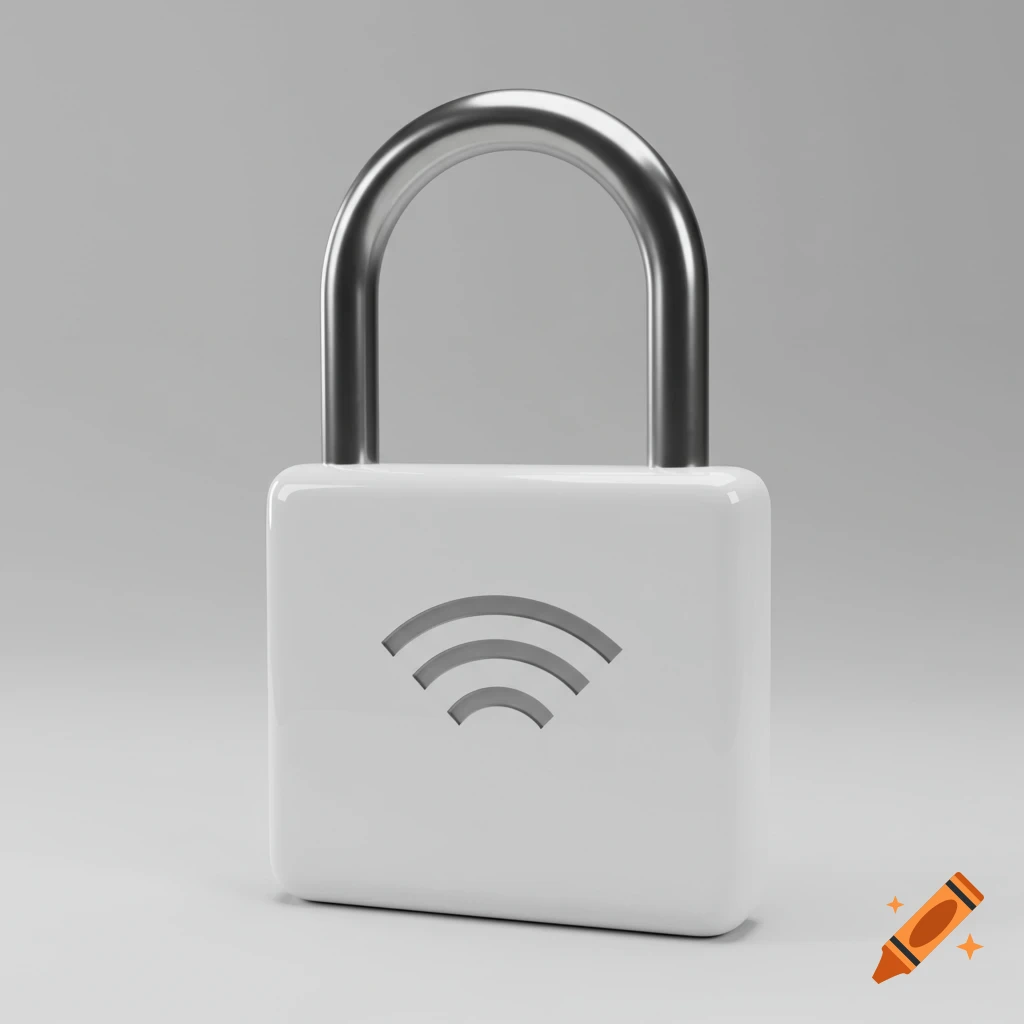 A photo-realistic 3D render of a glossy white padlock with a metallic shackle and a Wi-Fi symbol engraved on the front.