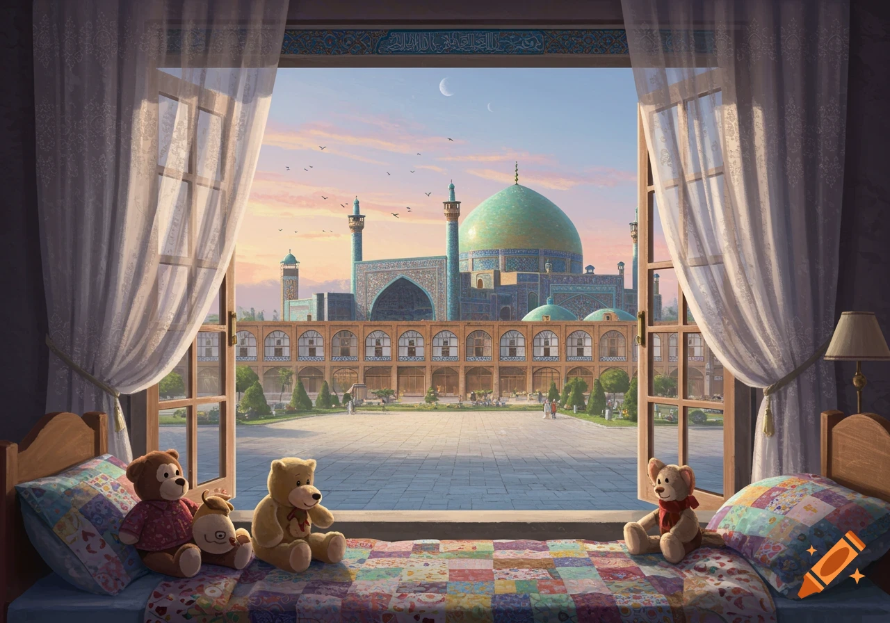 A stylized view from a child's bedroom window overlooks a grand Islamic mosque and courtyard at sunset. Three teddy bears sit on a patchwork bedspread in the foreground.