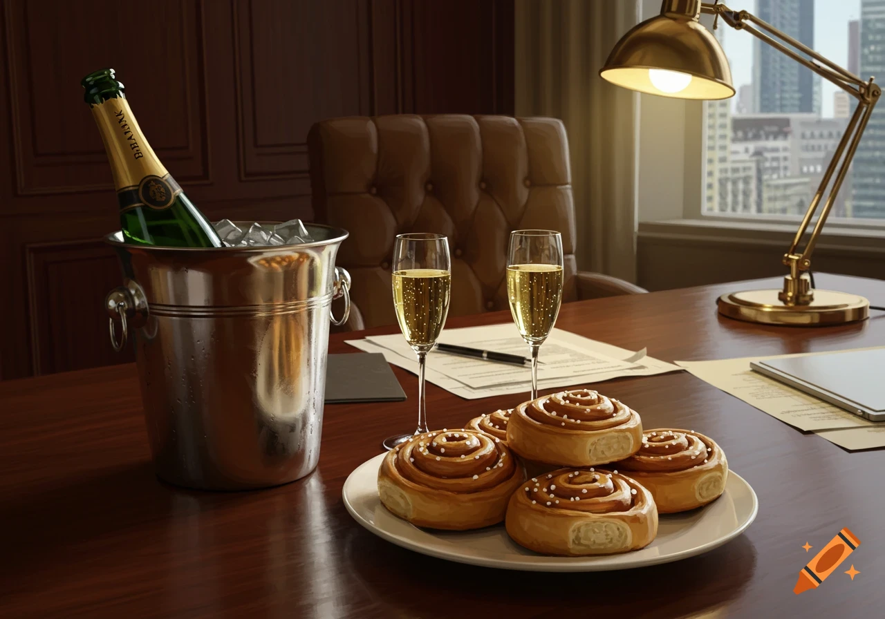 A champagne bottle in an ice bucket, two glasses of champagne, and a plate of cinnamon buns on a wooden desk in an office with a city view.
