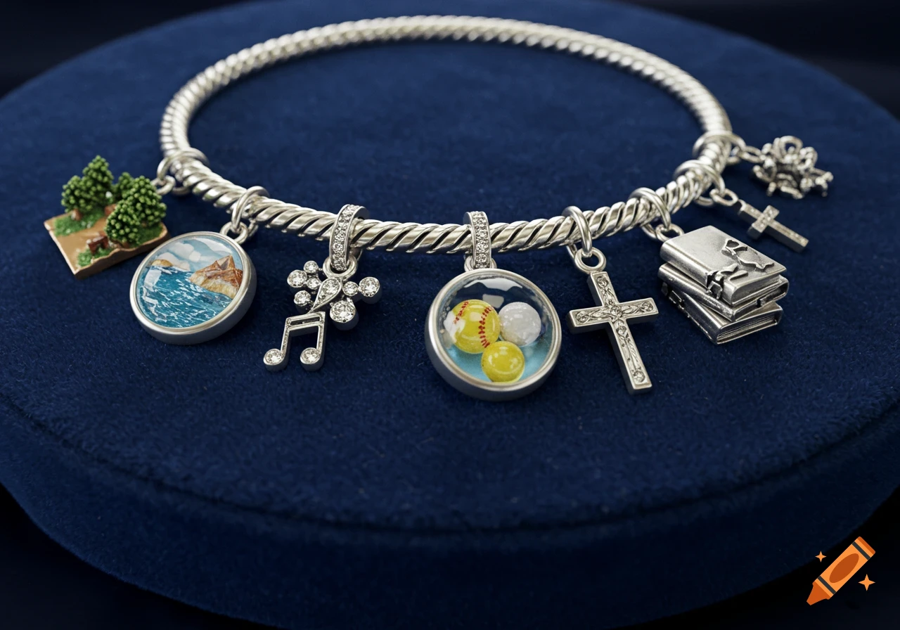 Silver charm bracelet on a navy blue surface, featuring charms like trees, ocean, music notes, sports balls, a cross, and books.