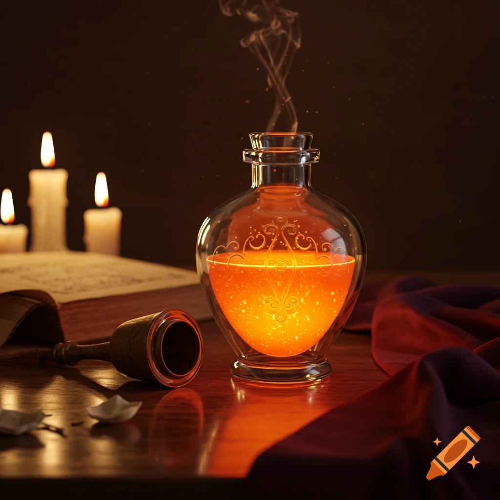 A glowing orange potion bottle emits smoke on a wooden table next to an open book and lit candles.