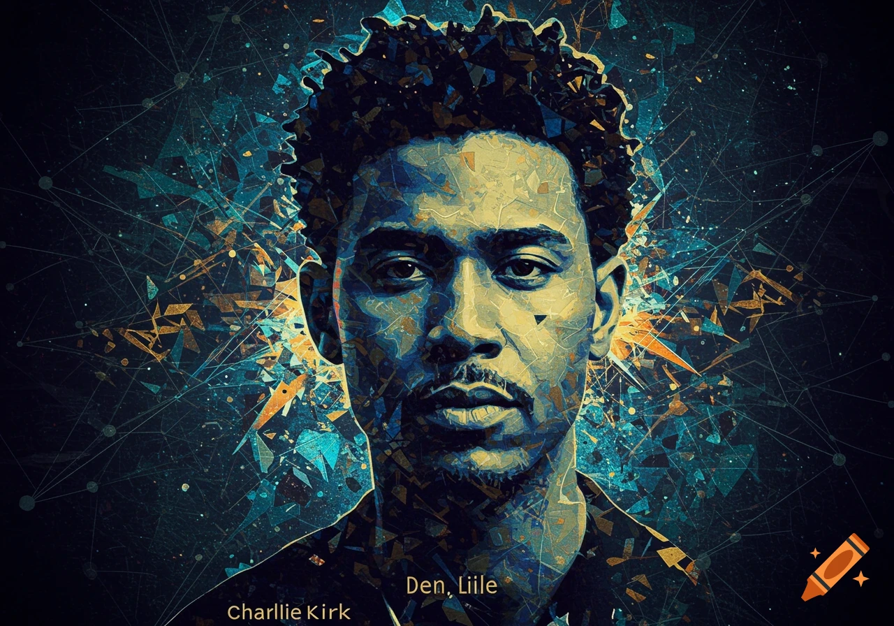 Abstract digital art portrait of a man with geometric patterns in blue, gold, and black.